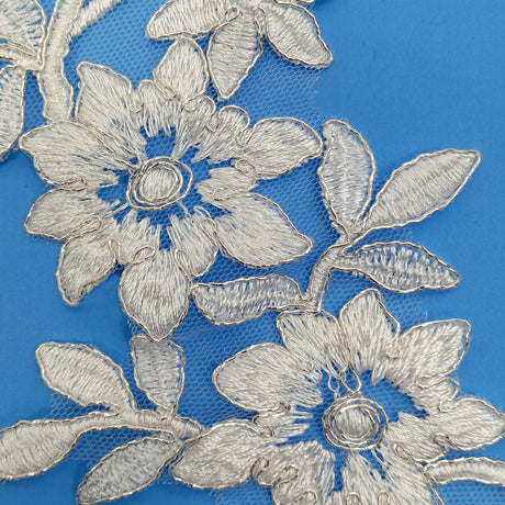 1 Pair 15" x 4" Corded Floral Applique Embroidered on 100% Polyester Net Mesh