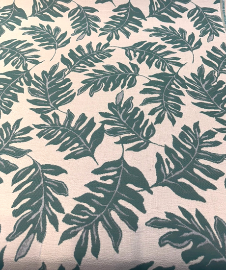 Sunbrella Frida Leaf Aquamarine Acrylic Fabric - White, Aqua, Blue Tropical Leaf Print, 56" Width (By The Yard)