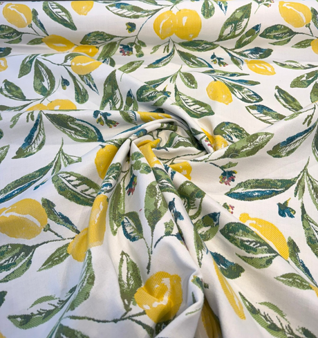Sunbrella Lisbon Citrus Lemons Acrylic Fabric - Yellow Lemons, Ivory Ground, 54" Width (1 Yard)