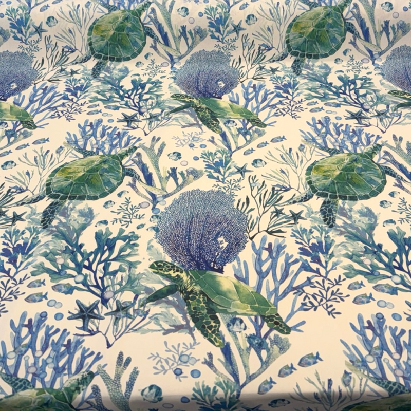 Sea Turtle Coral Reef 100% Cotton Fabric - Ocean Blue Green Coastal Print, 54" Width, 18" Vertical Repeat, 18" Horizontal Repeat (1 Yard)