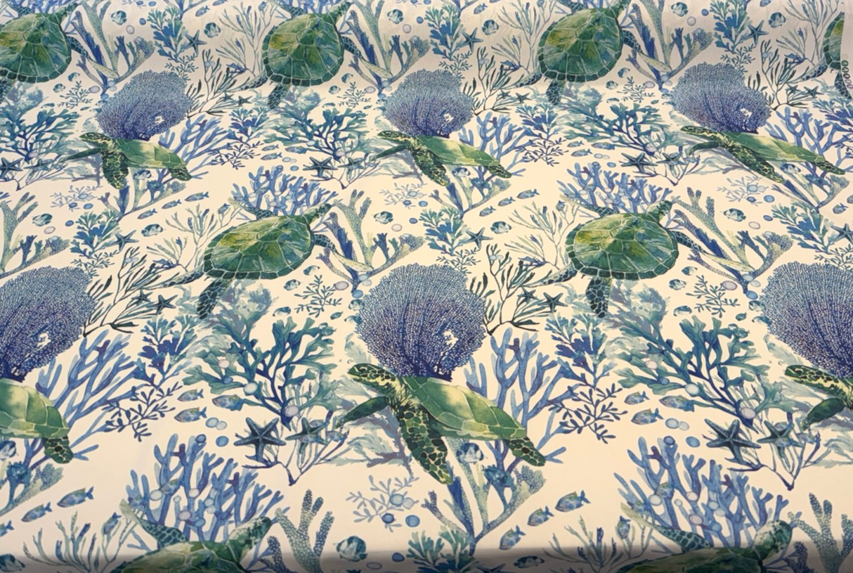Sea Turtle Coral Reef 100% Cotton Fabric - Ocean Blue Green Coastal Print, 54" Width, 18" Vertical Repeat, 18" Horizontal Repeat (1 Yard)