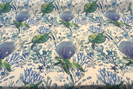 Sea Turtle Coral Reef 100% Cotton Fabric - Ocean Blue Green Coastal Print, 54" Width, 18" Vertical Repeat, 18" Horizontal Repeat (1 Yard)