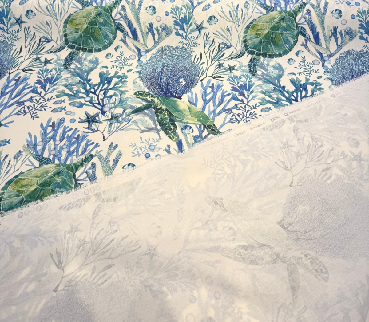 Sea Turtle Coral Reef 100% Cotton Fabric - Ocean Blue Green Coastal Print, 54" Width, 18" Vertical Repeat, 18" Horizontal Repeat (1 Yard)