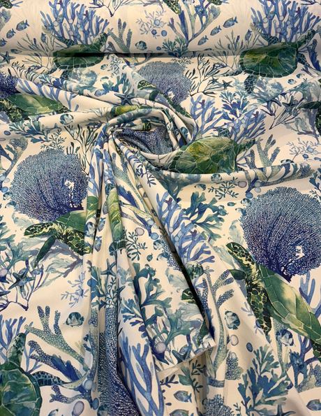 Sea Turtle Coral Reef 100% Cotton Fabric - Ocean Blue Green Coastal Print, 54" Width, 18" Vertical Repeat, 18" Horizontal Repeat (1 Yard)