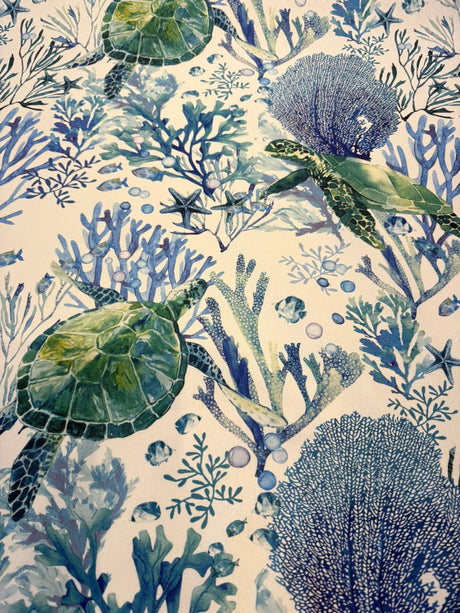 Sea Turtle Coral Reef 100% Cotton Fabric - Ocean Blue Green Coastal Print, 54" Width, 18" Vertical Repeat, 18" Horizontal Repeat (1 Yard)