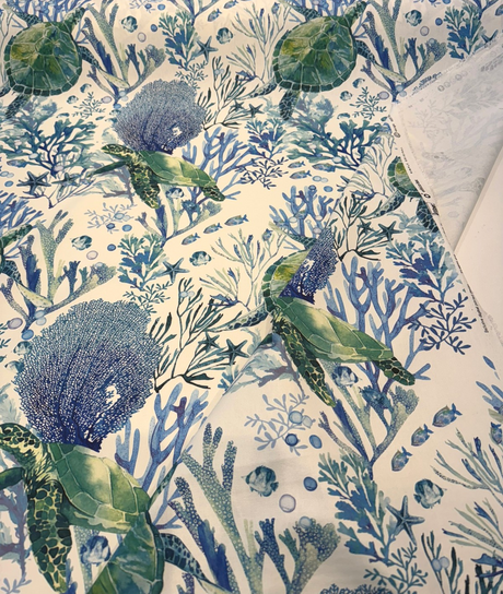Sea Turtle Coral Reef 100% Cotton Fabric - Ocean Blue Green Coastal Print, 54" Width, 18" Vertical Repeat, 18" Horizontal Repeat (1 Yard)