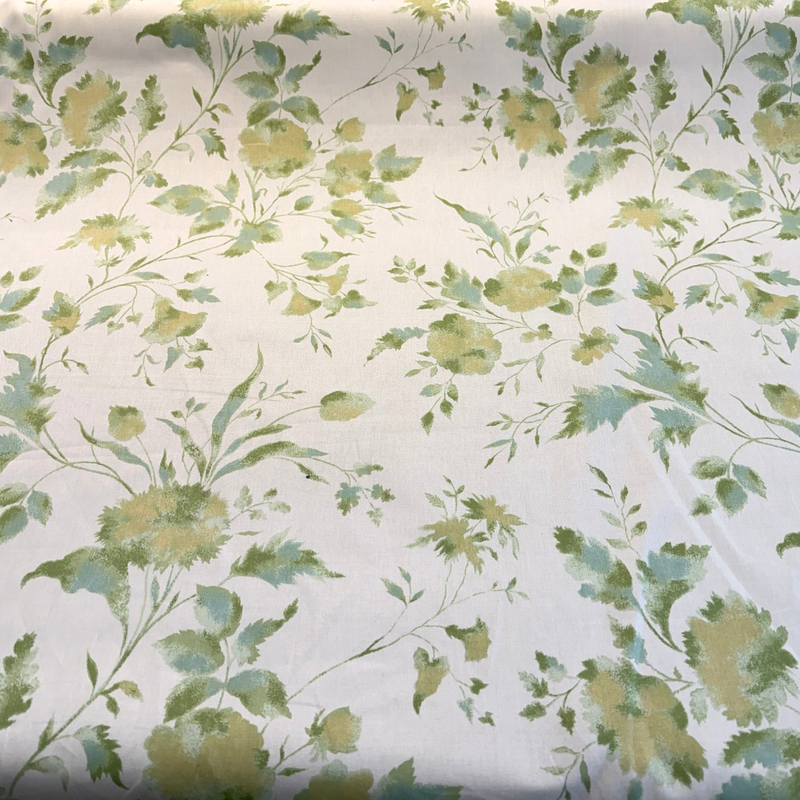 Vintage Green Yellow Floral Screen Print Cotton Blend Fabric - Green On Ivory/Yellow, 45" Width (1 Yard)