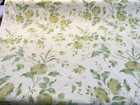 Vintage Green Yellow Floral Screen Print Cotton Blend Fabric - Green On Ivory/Yellow, 45" Width (1 Yard)