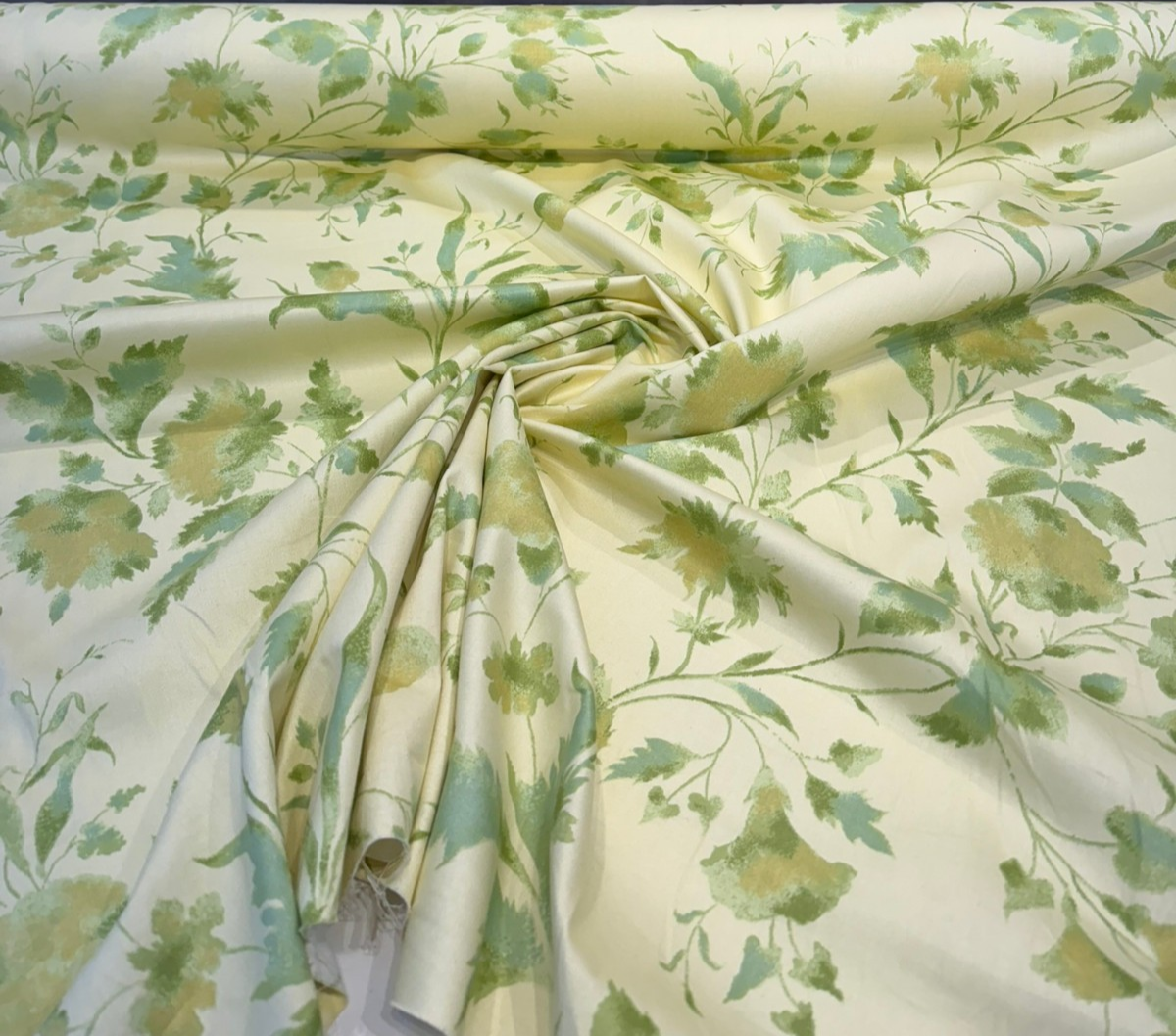 Vintage Green Yellow Floral Screen Print Cotton Blend Fabric - Green On Ivory/Yellow, 45" Width (1 Yard)