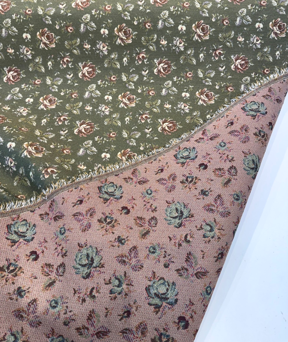 Gayle Moss Green Scattered Rose Tapestry Chenille Fabric - Moss Green, Scattered Rose, 6.5" Horizontal Repeat, 7.0" Vertical Repeat (1 Yard)