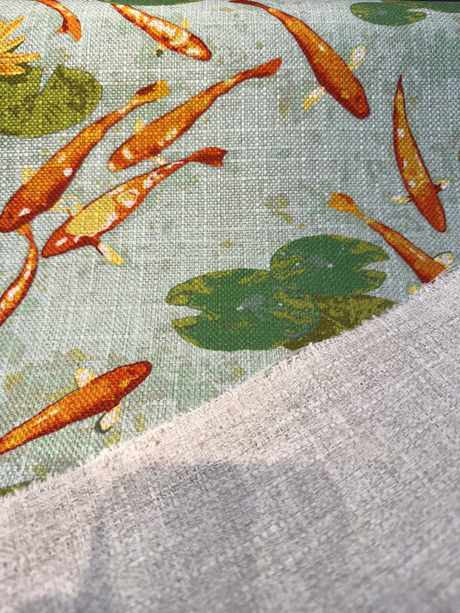 Koi Fish Pond Regal Linen Style Polyester Fabric - Koi Fish Pond Print, Linen Look, 14" Repeat, 40,000 Double Rubs (1 Yard)