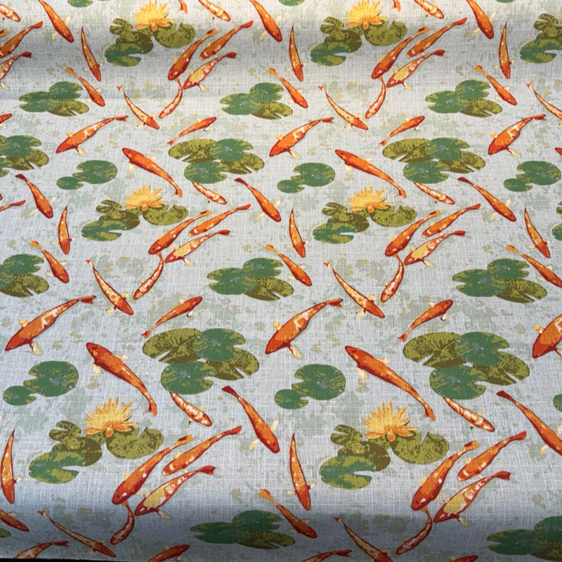Koi Fish Pond Regal Linen Style Polyester Fabric - Koi Fish Pond Print, Linen Look, 14" Repeat, 40,000 Double Rubs (1 Yard)