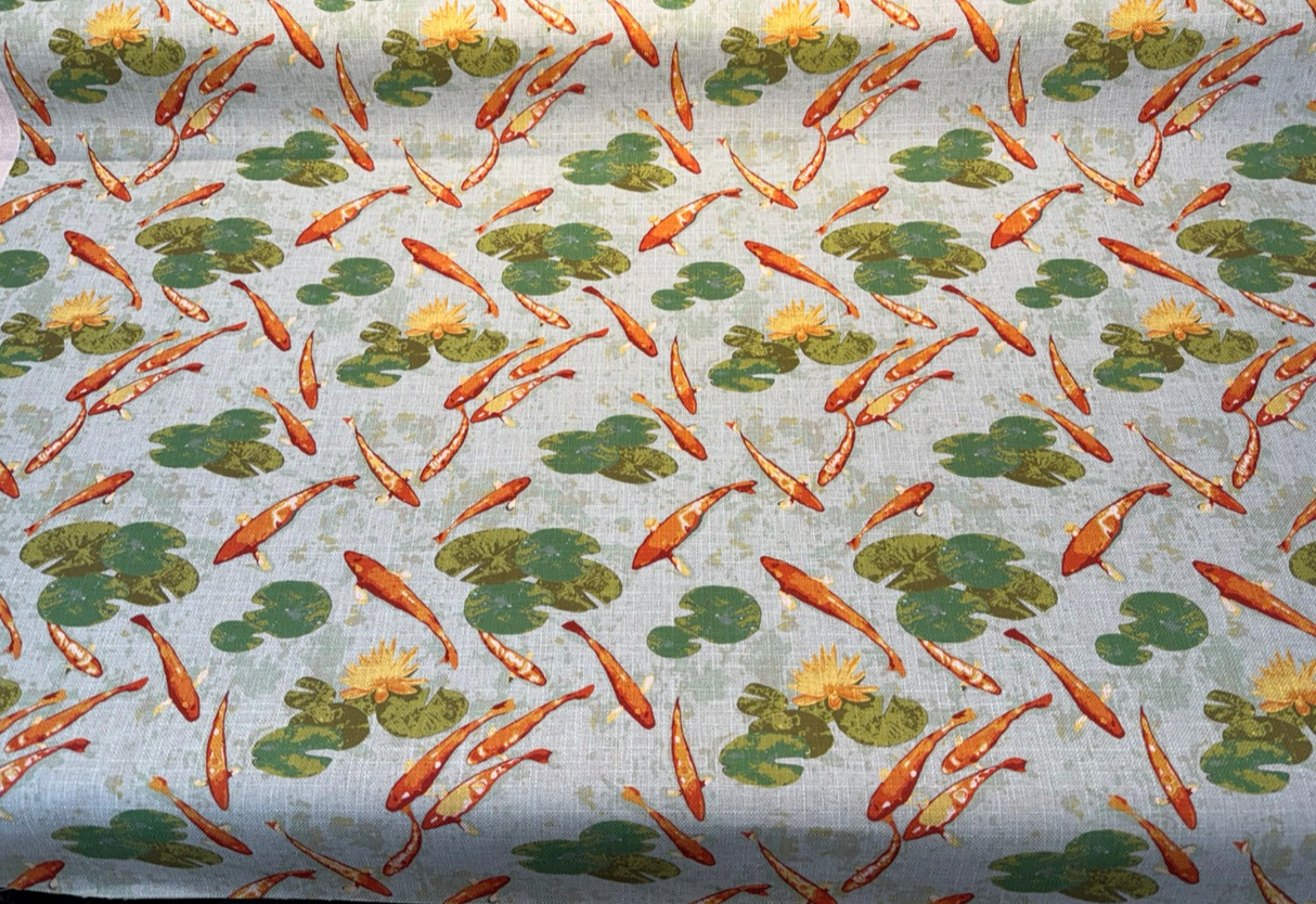 Koi Fish Pond Regal Linen Style Polyester Fabric - Koi Fish Pond Print, Linen Look, 14" Repeat, 40,000 Double Rubs (1 Yard)