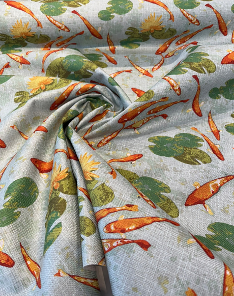 Koi Fish Pond Regal Linen Style Polyester Fabric - Koi Fish Pond Print, Linen Look, 14" Repeat, 40,000 Double Rubs (1 Yard)