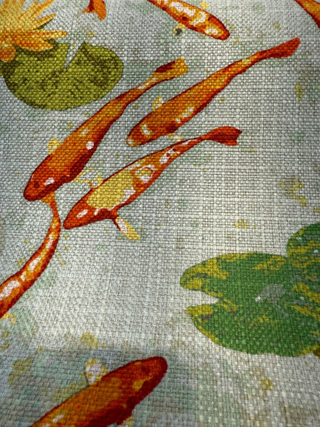 Koi Fish Pond Regal Linen Style Polyester Fabric - Koi Fish Pond Print, Linen Look, 14" Repeat, 40,000 Double Rubs (1 Yard)