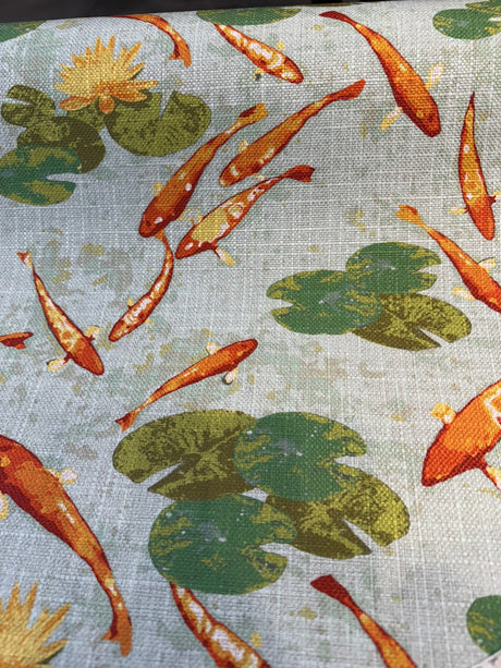 Koi Fish Pond Regal Linen Style Polyester Fabric - Koi Fish Pond Print, Linen Look, 14" Repeat, 40,000 Double Rubs (1 Yard)