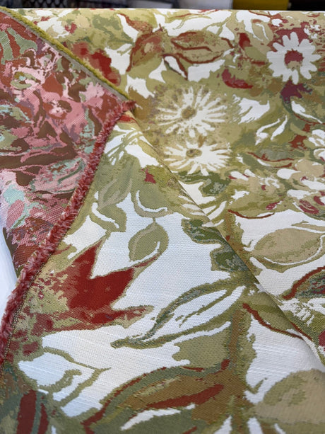 Roxanna Persimmon Jacquard Upholstery Fabric - Persimmon Red, Olive Green, Gold, Soft Cream, Watercolor Abstract, 25" Vertical Repeat, 28" Horizontal Repeat (1 Yard)
