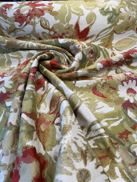 Roxanna Persimmon Jacquard Upholstery Fabric - Persimmon Red, Olive Green, Gold, Soft Cream, Watercolor Abstract, 25" Vertical Repeat, 28" Horizontal Repeat (1 Yard)