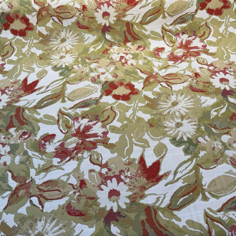 Roxanna Persimmon Jacquard Upholstery Fabric - Persimmon Red, Olive Green, Gold, Soft Cream, Watercolor Abstract, 25" Vertical Repeat, 28" Horizontal Repeat (1 Yard)