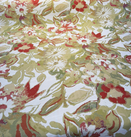 Roxanna Persimmon Jacquard Upholstery Fabric - Persimmon Red, Olive Green, Gold, Soft Cream, Watercolor Abstract, 25" Vertical Repeat, 28" Horizontal Repeat (1 Yard)