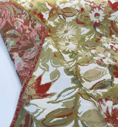 Roxanna Persimmon Jacquard Upholstery Fabric - Persimmon Red, Olive Green, Gold, Soft Cream, Watercolor Abstract, 25" Vertical Repeat, 28" Horizontal Repeat (1 Yard)