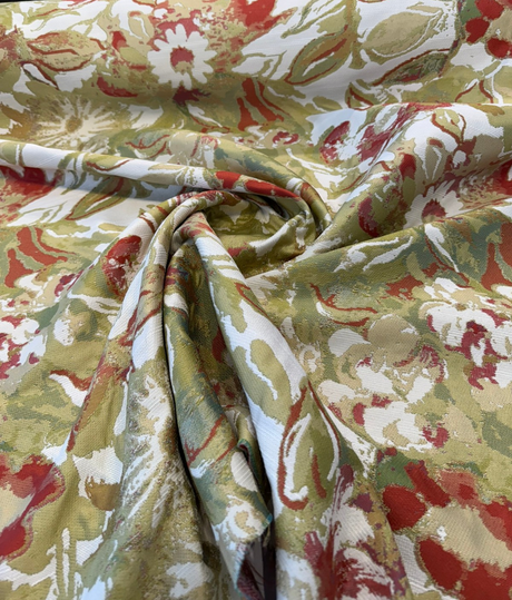 Roxanna Persimmon Jacquard Upholstery Fabric - Persimmon Red, Olive Green, Gold, Soft Cream, Watercolor Abstract, 25" Vertical Repeat, 28" Horizontal Repeat (1 Yard)