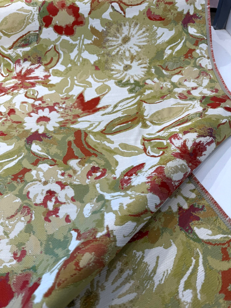 Roxanna Persimmon Jacquard Upholstery Fabric - Persimmon Red, Olive Green, Gold, Soft Cream, Watercolor Abstract, 25" Vertical Repeat, 28" Horizontal Repeat (1 Yard)