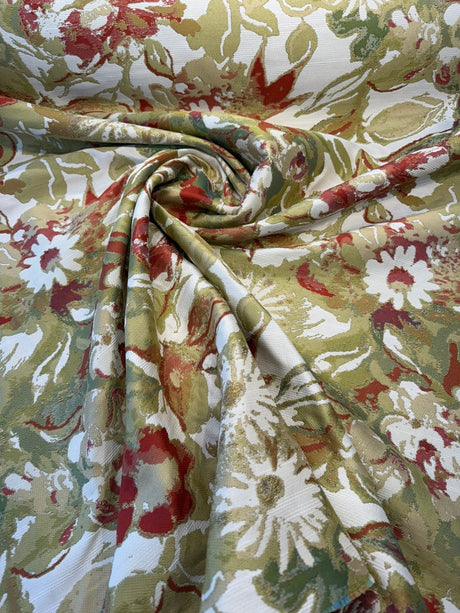 Roxanna Persimmon Jacquard Upholstery Fabric - Persimmon Red, Olive Green, Gold, Soft Cream, Watercolor Abstract, 25" Vertical Repeat, 28" Horizontal Repeat (1 Yard)