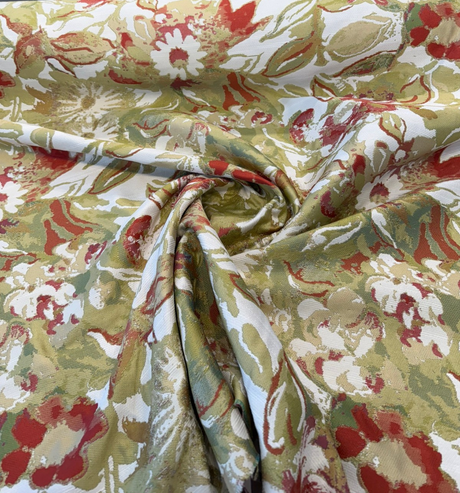 Roxanna Persimmon Jacquard Upholstery Fabric - Persimmon Red, Olive Green, Gold, Soft Cream, Watercolor Abstract, 25" Vertical Repeat, 28" Horizontal Repeat (1 Yard)