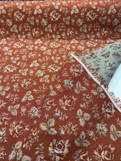 Gayle Salsa Red Scattered Rose Vintage Tapestry Upholstery Fabric - Salsa Red Scattered Rose, 54" Width (1 Yard)