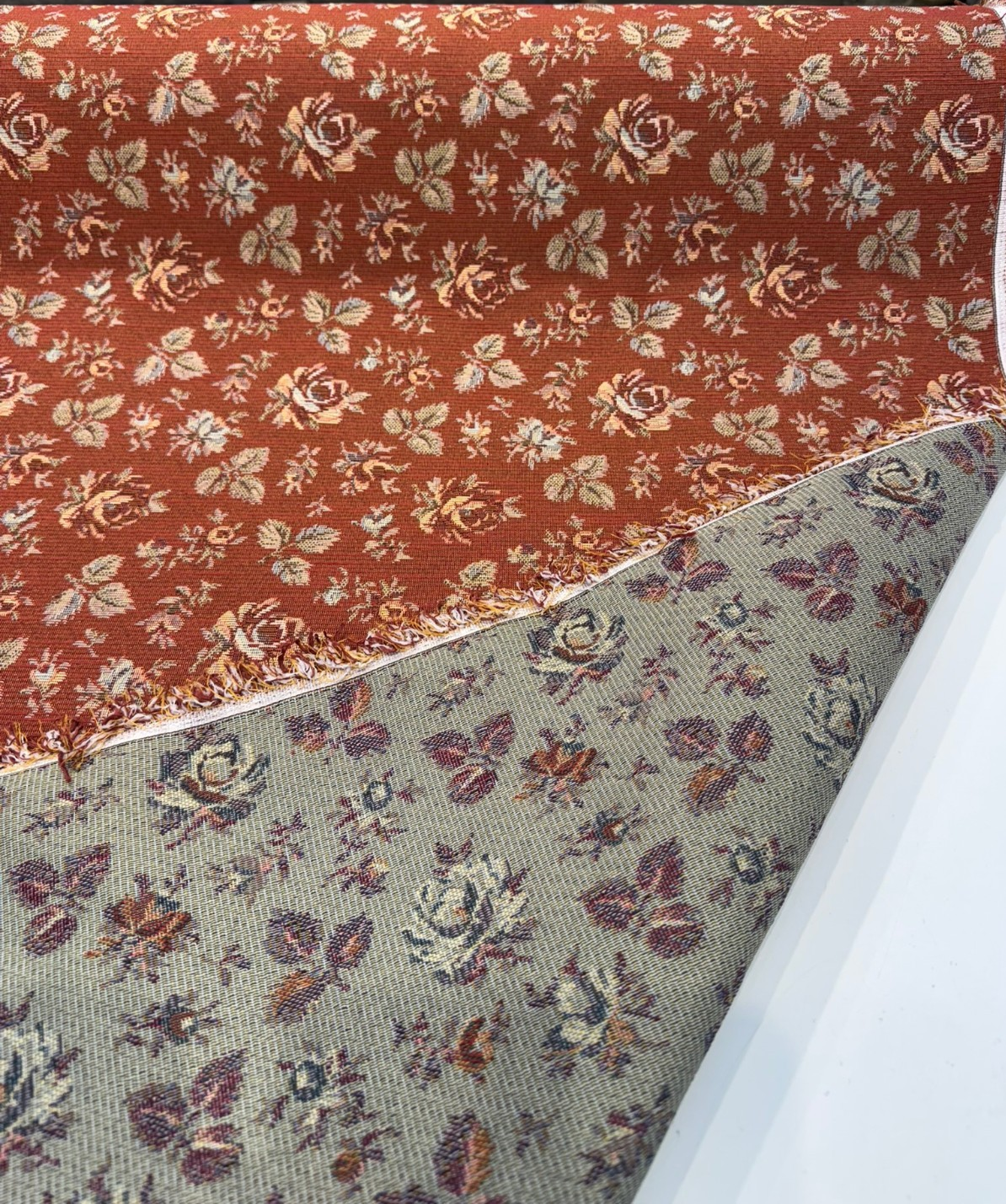 Gayle Salsa Red Scattered Rose Vintage Tapestry Upholstery Fabric - Salsa Red Scattered Rose, 54" Width (1 Yard)