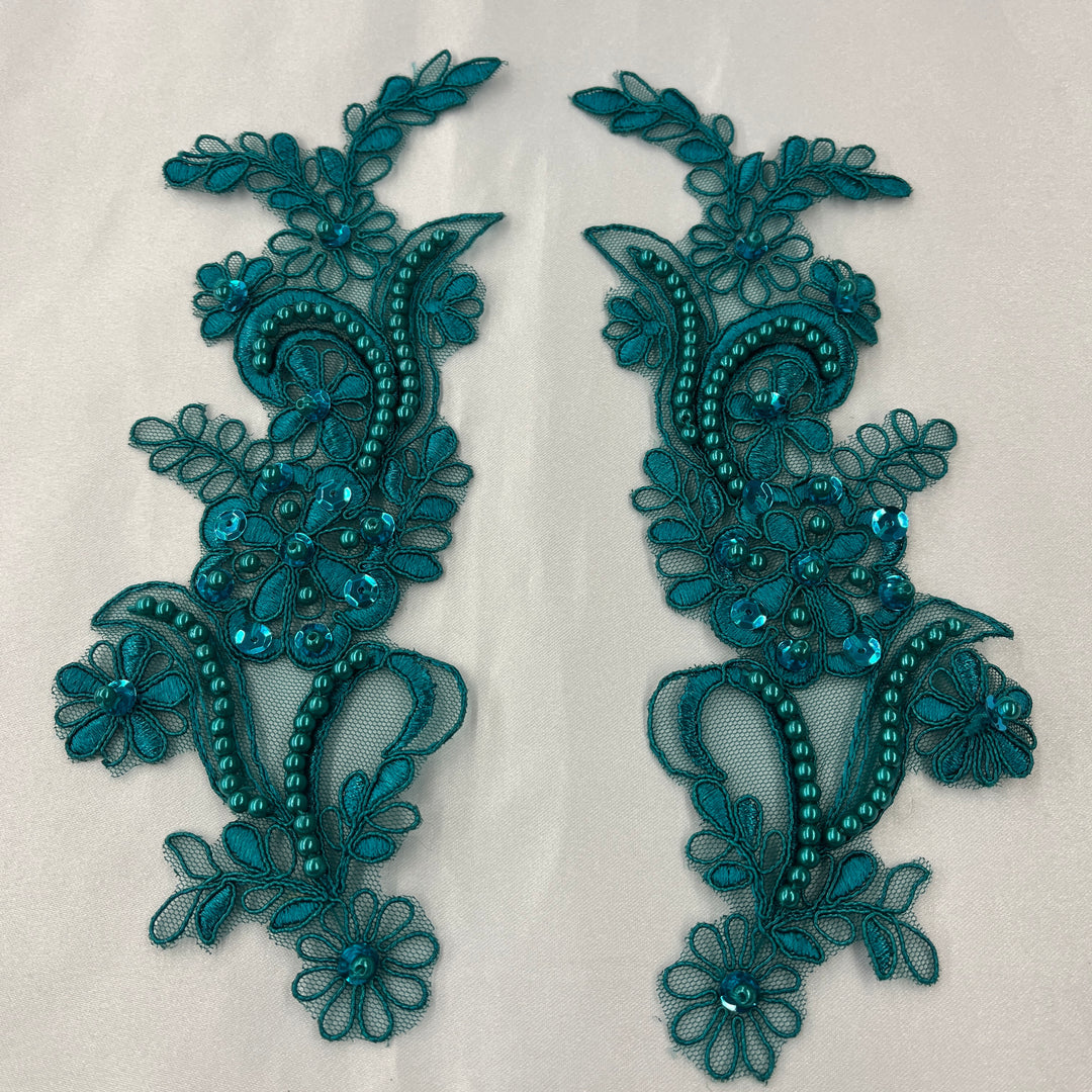 1 Pair Beaded & Corded Floral Lace Applique 9" x 2.5" Each Side