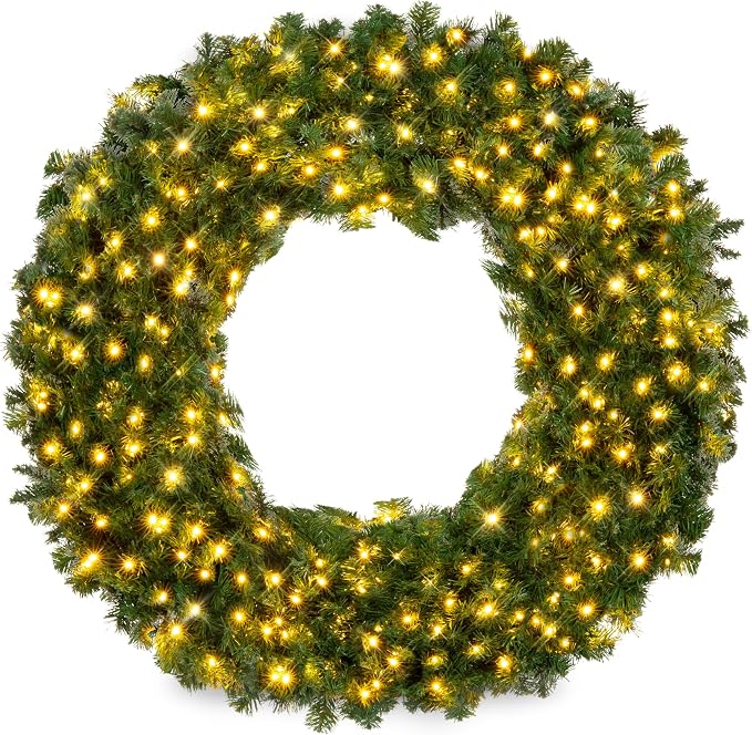 Best Choice Products 30in Large Artificial Pre-Lit Fir Christmas Wreath Holiday Accent Decoration w/ 100 LED Lights, 220 PVC Tips