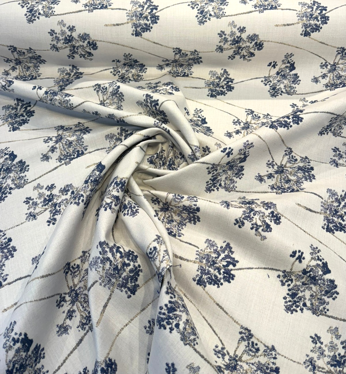 Sunbrella Stem Denim Solution-Dyed Acrylic Fabric - Navy Blue Floral Stems, 54" Width (1 Yard)