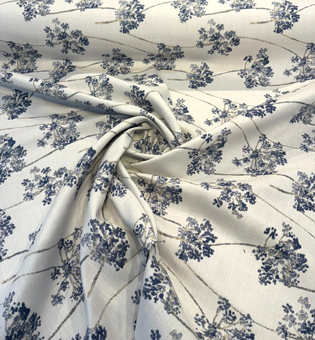 Sunbrella Stem Denim Solution-Dyed Acrylic Fabric - Navy Blue Floral Stems, 54" Width (1 Yard)