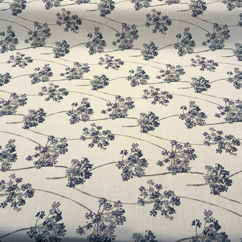Sunbrella Stem Denim Solution-Dyed Acrylic Fabric - Navy Blue Floral Stems, 54" Width (1 Yard)
