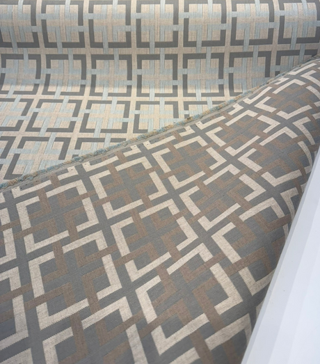 Sunbrella Junction Oasis Acrylic Fabric - Driftwood Gray And Mist Blue Geometric, 54" Width (1 Yard)