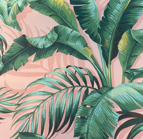 Palmiers Blush Polyester Fabric - Blush Pink With Green Palm Leaves, 54" Width, 26.5" Vertical Repeat (1 Yard)