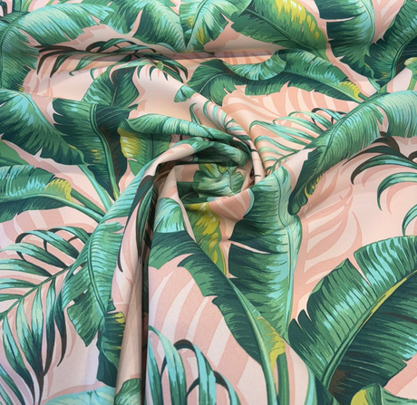 Palmiers Blush Polyester Fabric - Blush Pink With Green Palm Leaves, 54" Width, 26.5" Vertical Repeat (1 Yard)