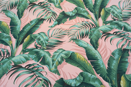 Palmiers Blush Polyester Fabric - Blush Pink With Green Palm Leaves, 54" Width, 26.5" Vertical Repeat (1 Yard)
