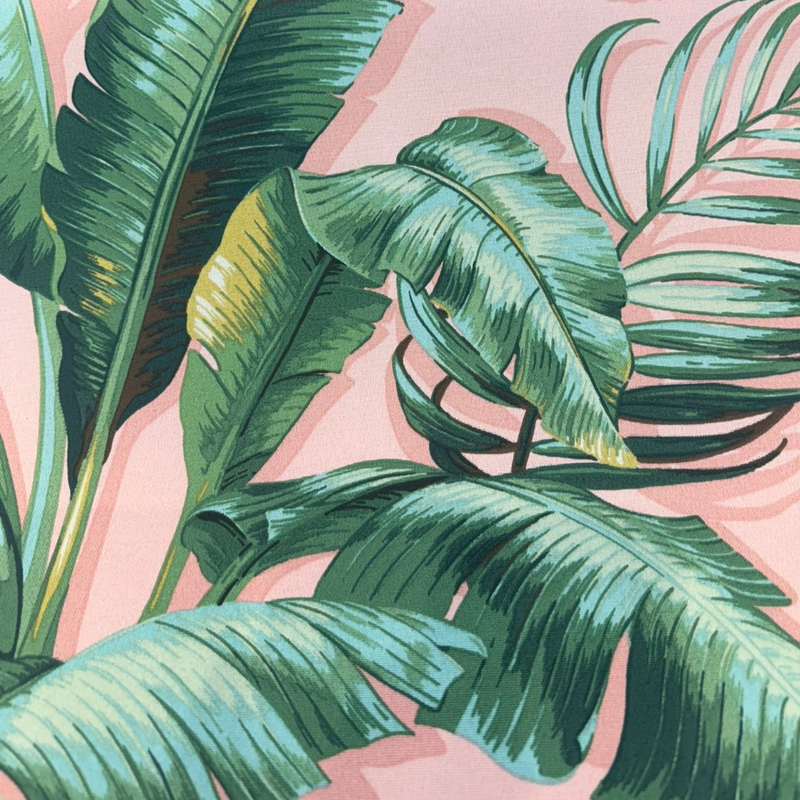 Palmiers Blush Polyester Fabric - Blush Pink With Green Palm Leaves, 54" Width, 26.5" Vertical Repeat (1 Yard)