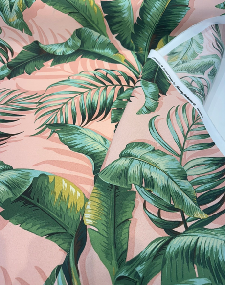 Palmiers Blush Polyester Fabric - Blush Pink With Green Palm Leaves, 54" Width, 26.5" Vertical Repeat (1 Yard)