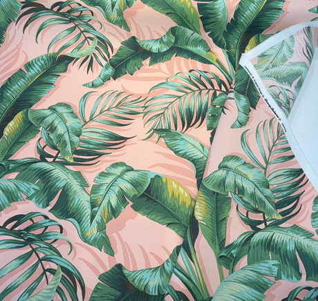 Palmiers Blush Polyester Fabric - Blush Pink With Green Palm Leaves, 54" Width, 26.5" Vertical Repeat (1 Yard)
