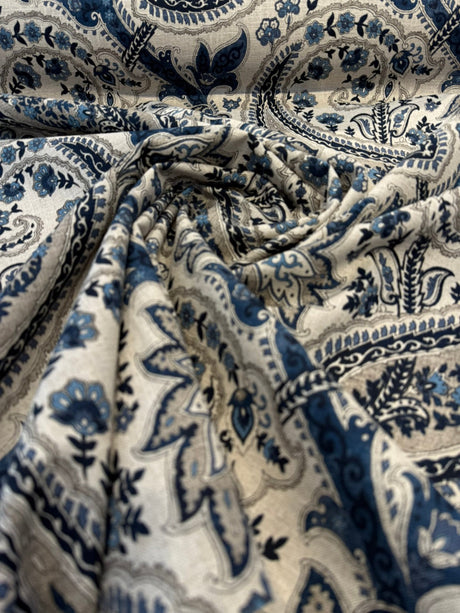 Waverly Plumtree Paisley Ink Linen Cotton Fabric - Blue Ink Paisley, 56" Width (1 Yard)