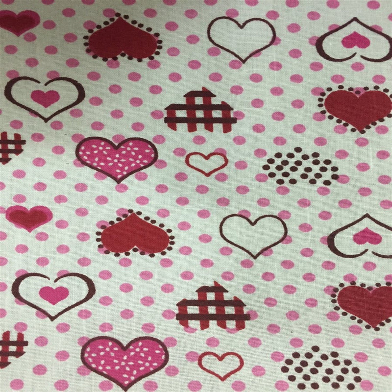 Polka Dot Heart Printed Poly Cotton Fabric - Polka Dot Heart Print, Pink, 59" Width (1 Yard)