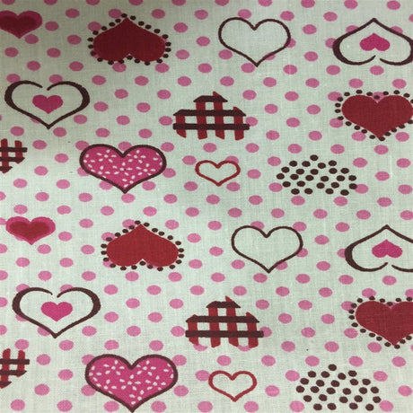 Polka Dot Heart Printed Poly Cotton Fabric - Polka Dot Heart Print, Pink, 59" Width (1 Yard)