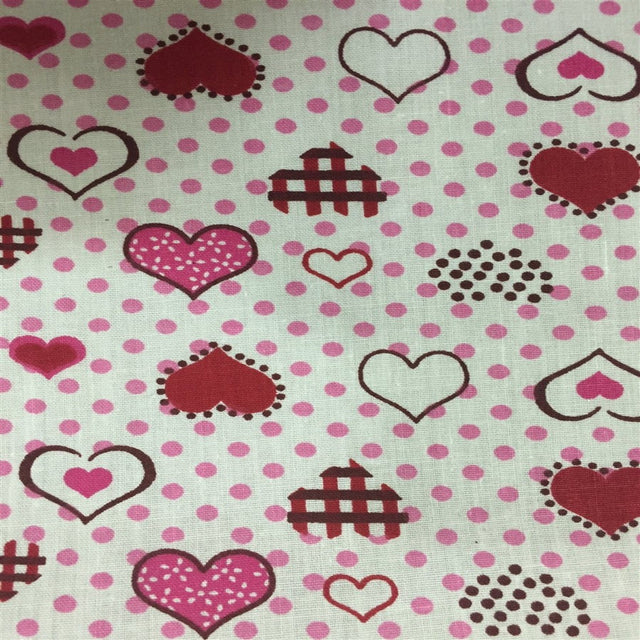 Polka Dot Heart Printed Poly Cotton Fabric - Polka Dot Heart Print, Pink, 59" Width (1 Yard)