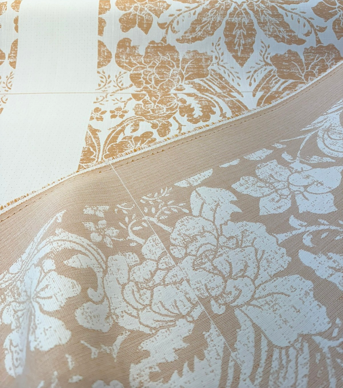 Sunbrella Eleanor Pillow Apricot Sunbrella Acrylic Fabric - Apricot/Soft Gold On White Floral Damask, 56" Width (1 Yard)