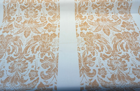 Sunbrella Eleanor Pillow Apricot Sunbrella Acrylic Fabric - Apricot/Soft Gold On White Floral Damask, 56" Width (1 Yard)