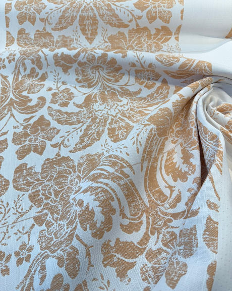 Sunbrella Eleanor Pillow Apricot Sunbrella Acrylic Fabric - Apricot/Soft Gold On White Floral Damask, 56" Width (1 Yard)